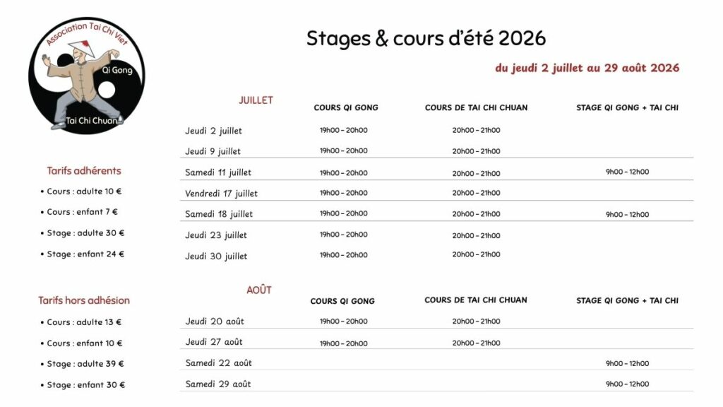 Stages et cours d'été 2026 avec Michel Mathé et l'association Tai Chi Viet et Michel Mathé en Vendée 85