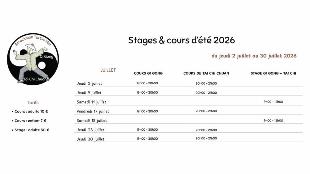 Stages et cours d'été 2026 avec Michel Mathé et l'association Tai Chi Viet et Michel Mathé en Vendée 85